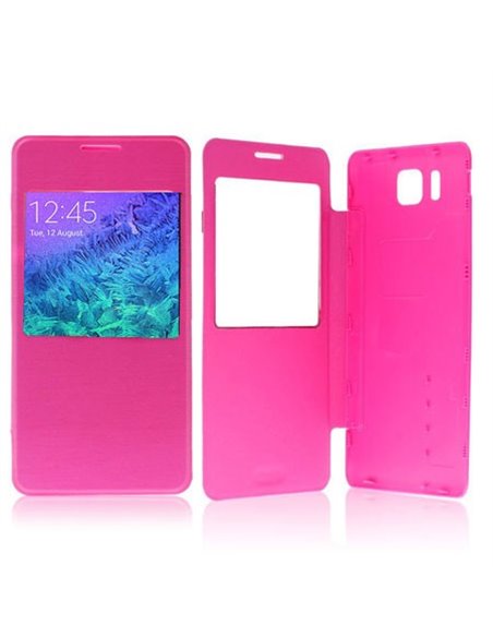 CUSTODIA FLIP ORIZZONTALE PELLE ULTRA SLIM per SAMSUNG G850 GALAXY ALPHA  CON FINESTRA IDENTIFICATIVO CHIAMANTE COLORE ROSA