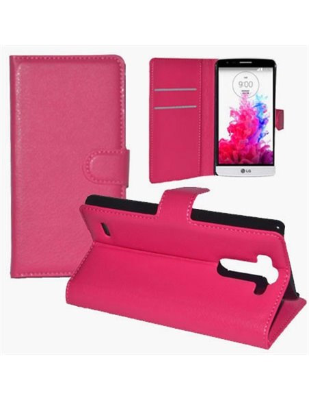 CUSTODIA FLIP ORIZZONTALE PELLE per LG G3s D722, G3s DUAL D728 CON STAND, PORTA CARTE E CHIUSURA MAGNETICA COLORE ROSA