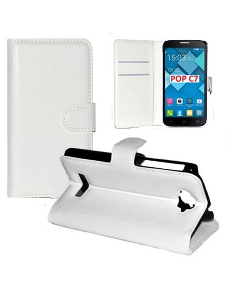 CUSTODIA FLIP ORIZZONTALE PELLE per ALCATEL ONE TOUCH POP C7, ONE TOUCH POP C7 DUAL SIM CON STAND E TASCHE PORTA CARTE BIANCO