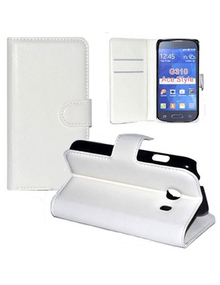 CUSTODIA FLIP ORIZZONTALE PELLE per SAMSUNG G310 GALAXY ACE STYLE CON STAND, PORTA CARTE E CHIUSURA MAGNETICA COLORE BIANCO