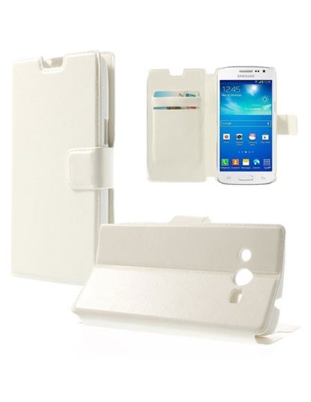 CUSTODIA FLIP ORIZZONTALE PELLE per SAMSUNG G386 GALAXY CORE LTE, G3518  CON STAND E TASCHE PORTA CARTE COLORE BIANCO