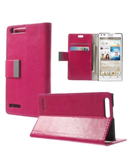 CUSTODIA FLIP ORIZZONTALE PELLE per HUAWEI ASCEND G6 LTE 4G, ASCEND P7 MINI CON STAND E TASCHE PORTA CARTE COLORE ROSA