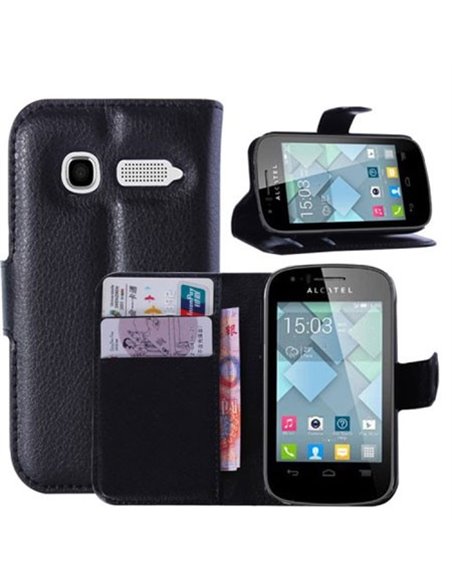 CUSTODIA FLIP ORIZZONTALE PELLE per ALCATEL ONE TOUCH POP C1 CON STAND, PORTA CARTE E CHIUSURA MAGNETICA COLORE NERO