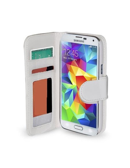 CUSTODIA FLIP ORIZZONTALE PELLE per SAMSUNG G800 GALAXY S5 MINI CON TASCHE PORTA CARTE COLORE BIANCO